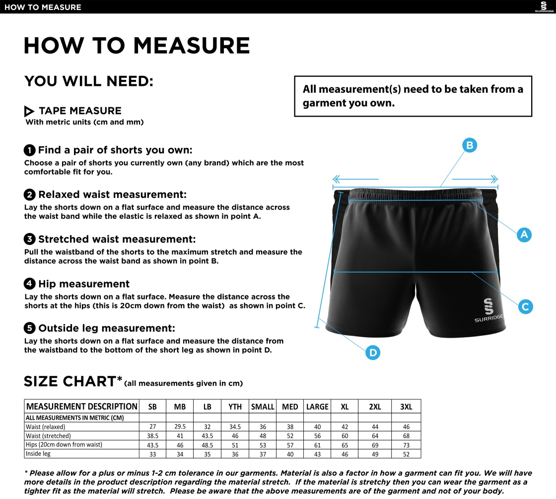 Arnside CC - Performance Gym Short - Unisex Fit - Size Guide