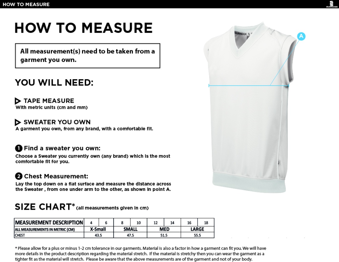 Arnside CC - Blast Sleeveless Cricket Sweater - Women's Fit - Size Guide