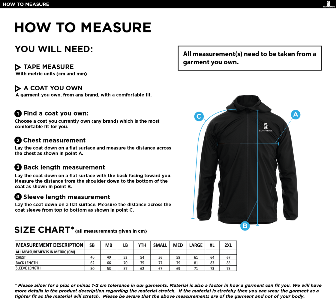 Arnside CC - Dual Elite 1/4 Zip Hoody / Rain Jacket - Unisex Fit - Size Guide