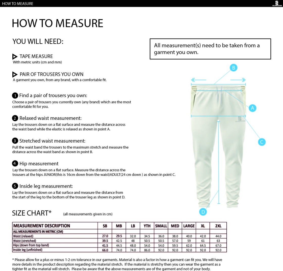 Arnside CC - Blade Playing Pant - Unisex Fit - Size Guide