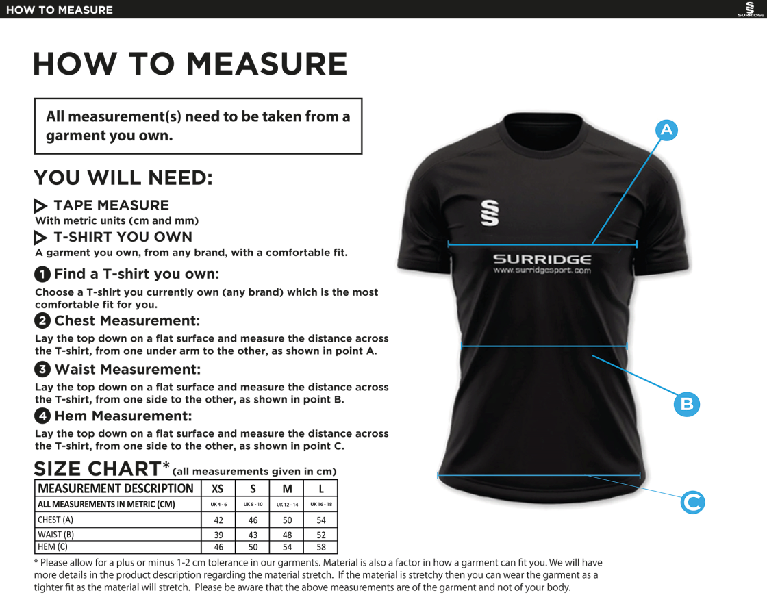 Arnside CC - Dual Games Shirt - Women's Fit - Size Guide
