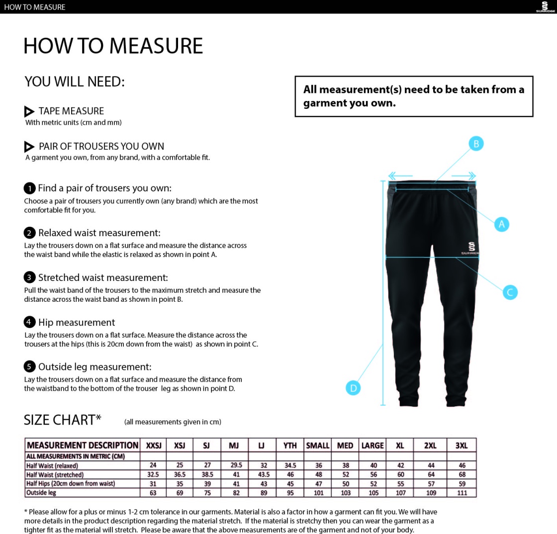 Arnside CC - Skinny Pant - Unisex Fit - Size Guide