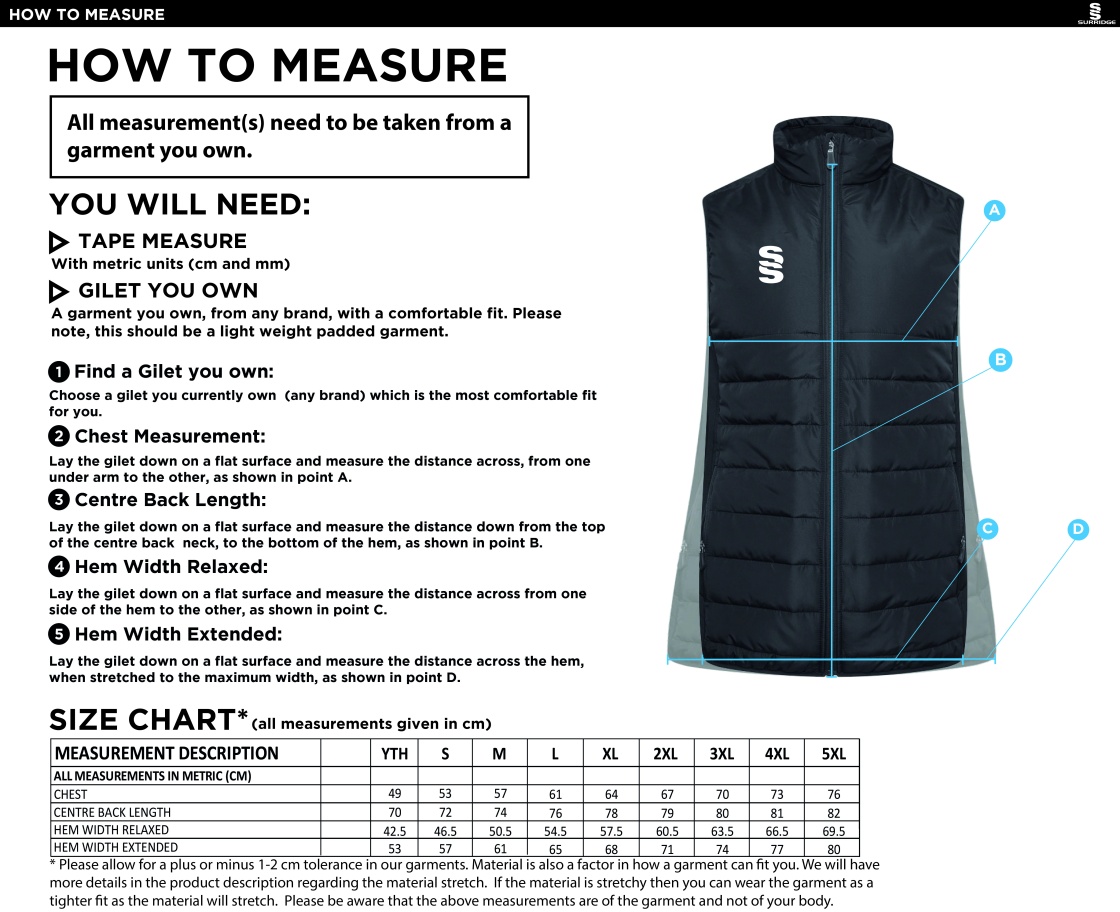 Arnside CC - Active Gilet - Unisex Fit - Size Guide