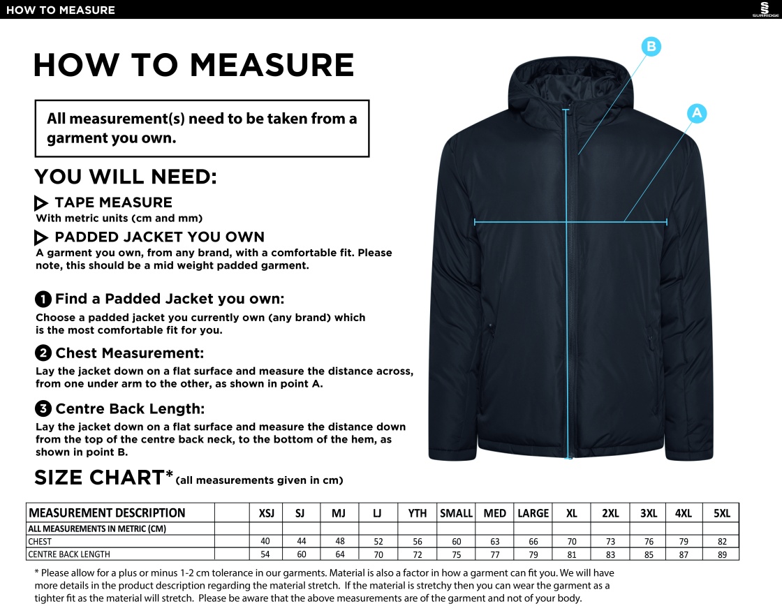 Arnside CC - Active Padded Jacket - Unisex Fit - Size Guide
