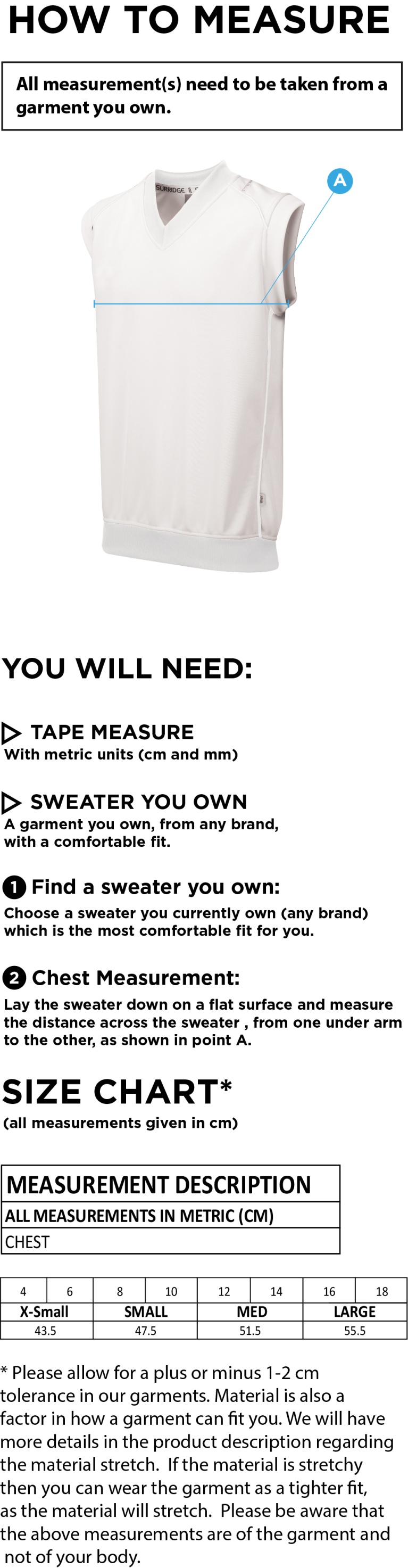 Arnside CC - Blast Sleeveless Cricket Sweater - Women's Fit - Size Guide