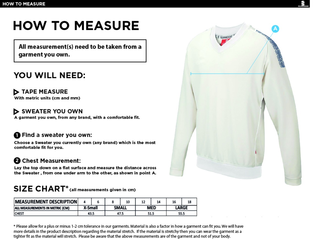 Arnside CC - Blast Long Sleeve Cricket Sweater - Women's Fit - Size Guide