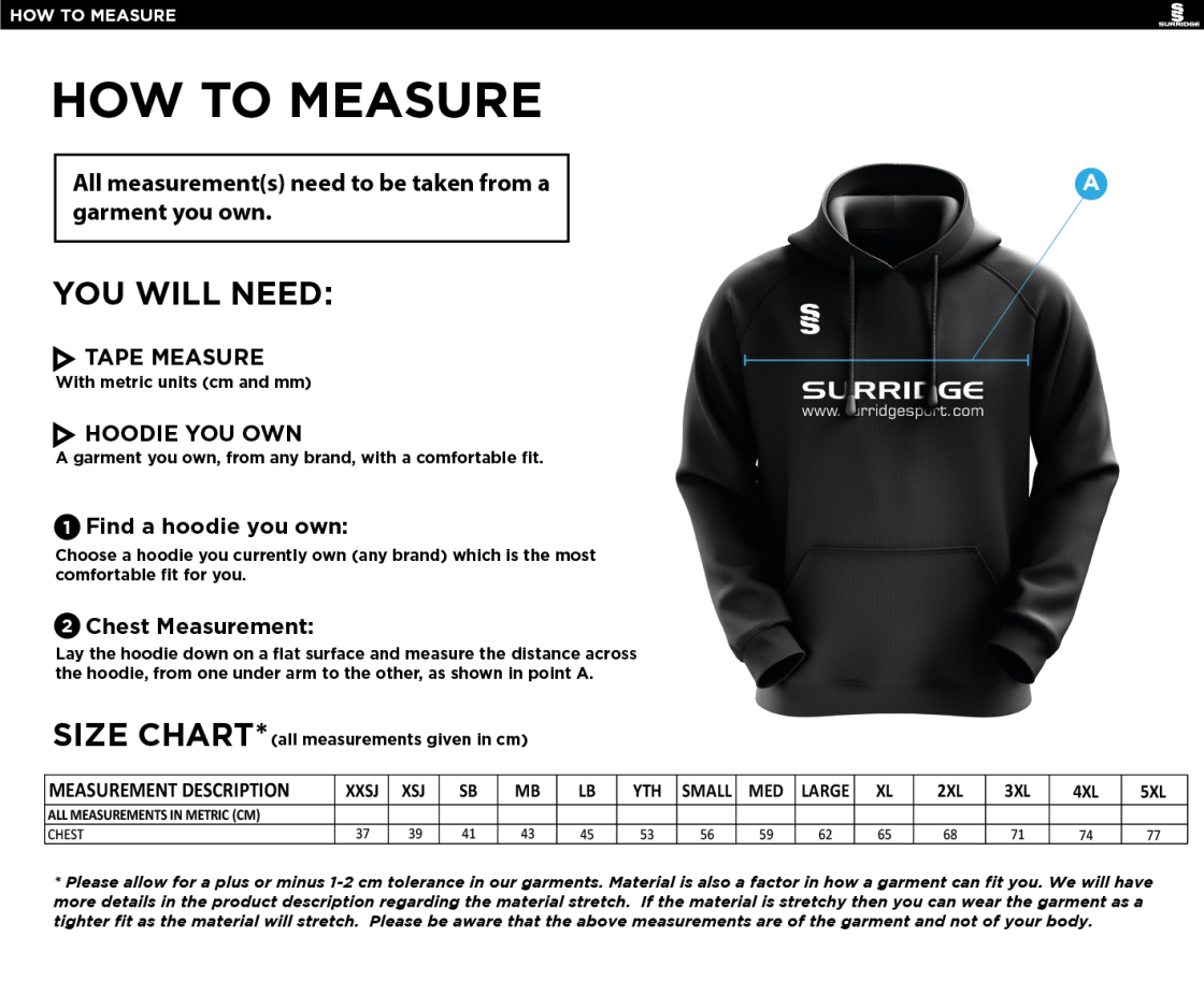Arnside CC - Fuse Hoody - Unisex Fit - Size Guide