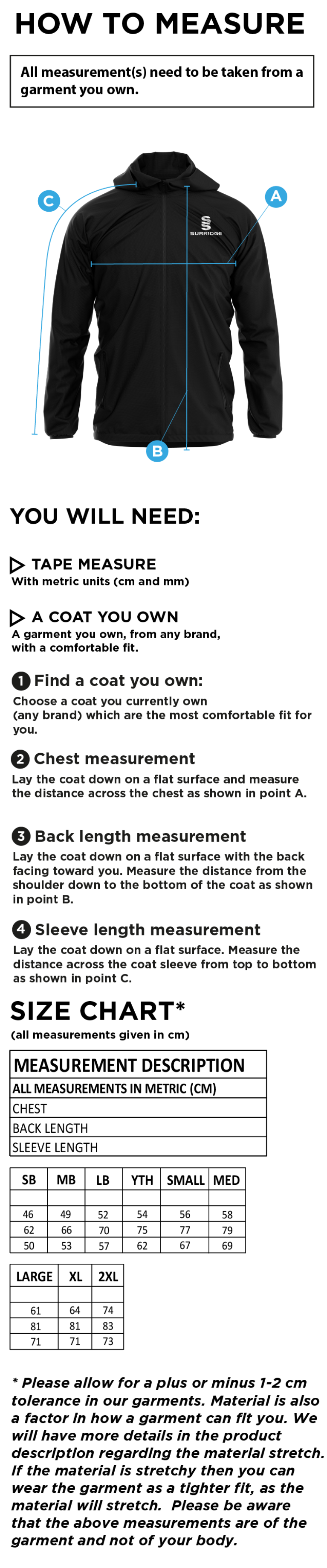 Arnside CC - Dual Elite 1/4 Zip Hoody / Rain Jacket - Unisex Fit - Size Guide